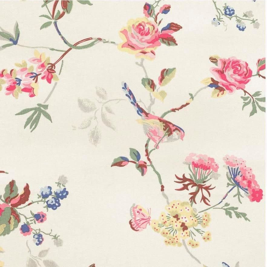 Tissu anglais fleurs et oiseaux fond crème