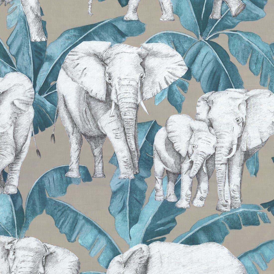 Tissu éléphants bleu et gris
