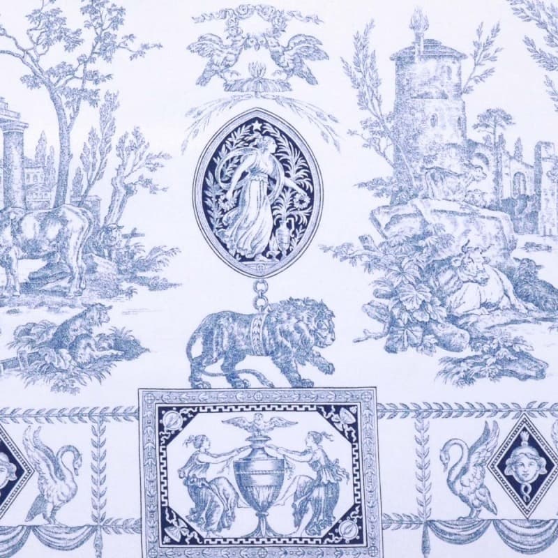 Toile de Jouy fabric ‘Diane Chasseresse’ (Casal) on a blue background, view 2