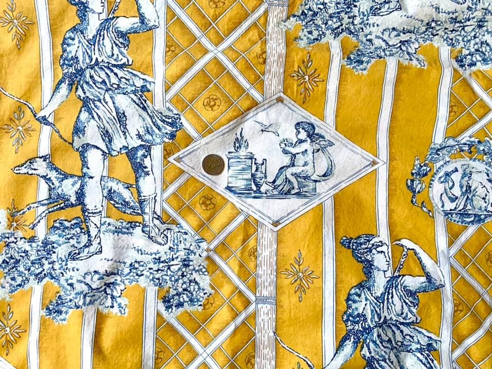 Tissu Toile de Jouy Diane fond jaune et bleu