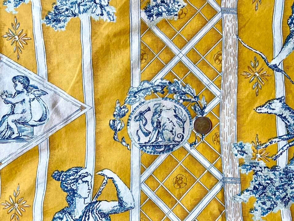 Diane toile de Jouy fabric with a yellow and blue background, view 2