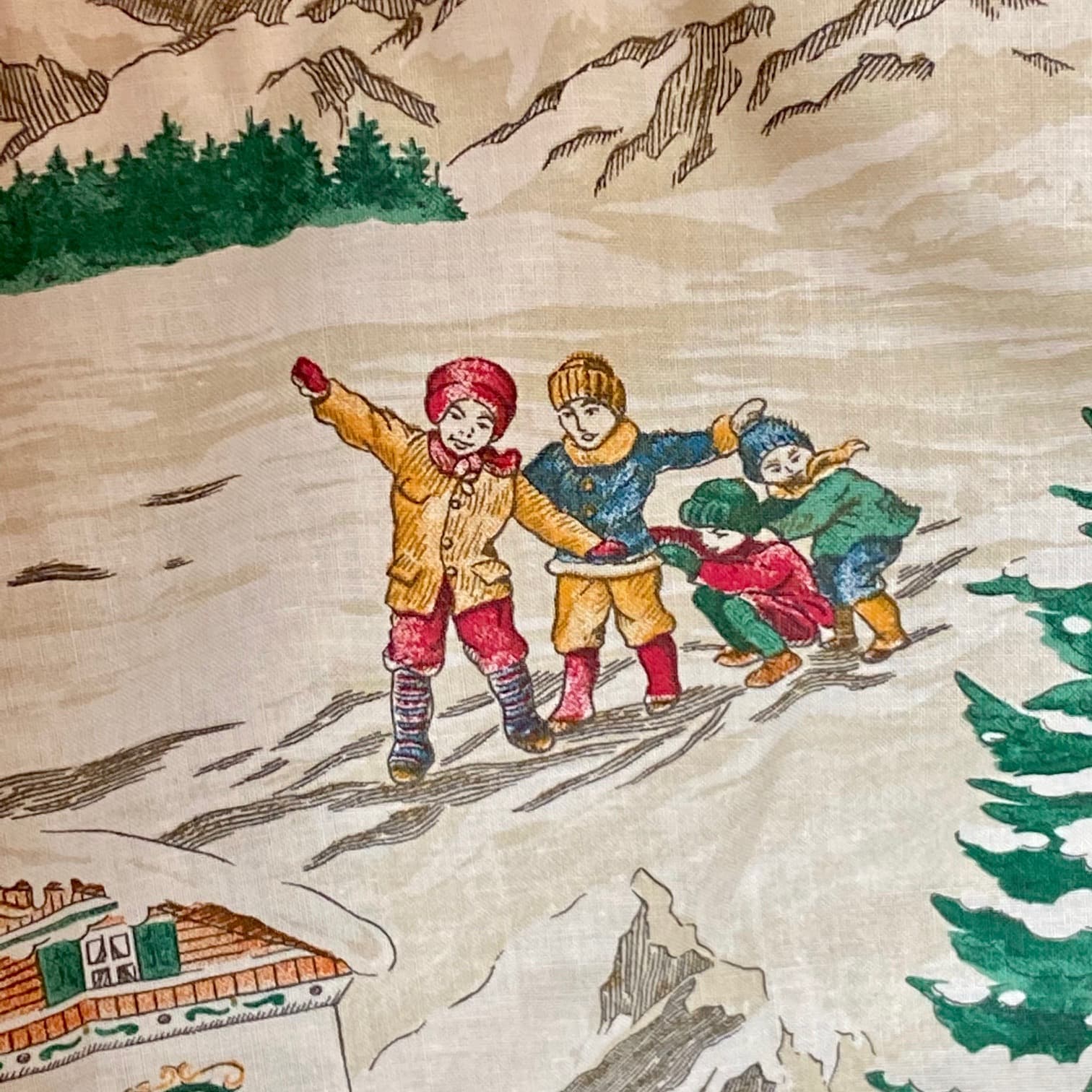 Vintage ski resort fabric, dark green, view 2