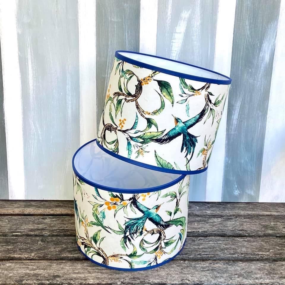 Fabric featuring blue exotic birds against a green foliage background, view 5