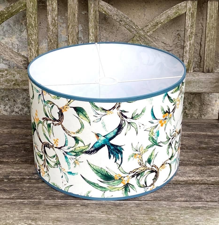 Fabric featuring blue exotic birds against a green foliage background, view 6