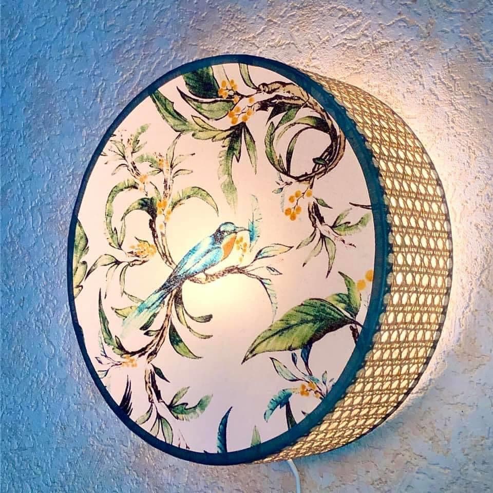 Fabric featuring blue exotic birds against a green foliage background, view 7