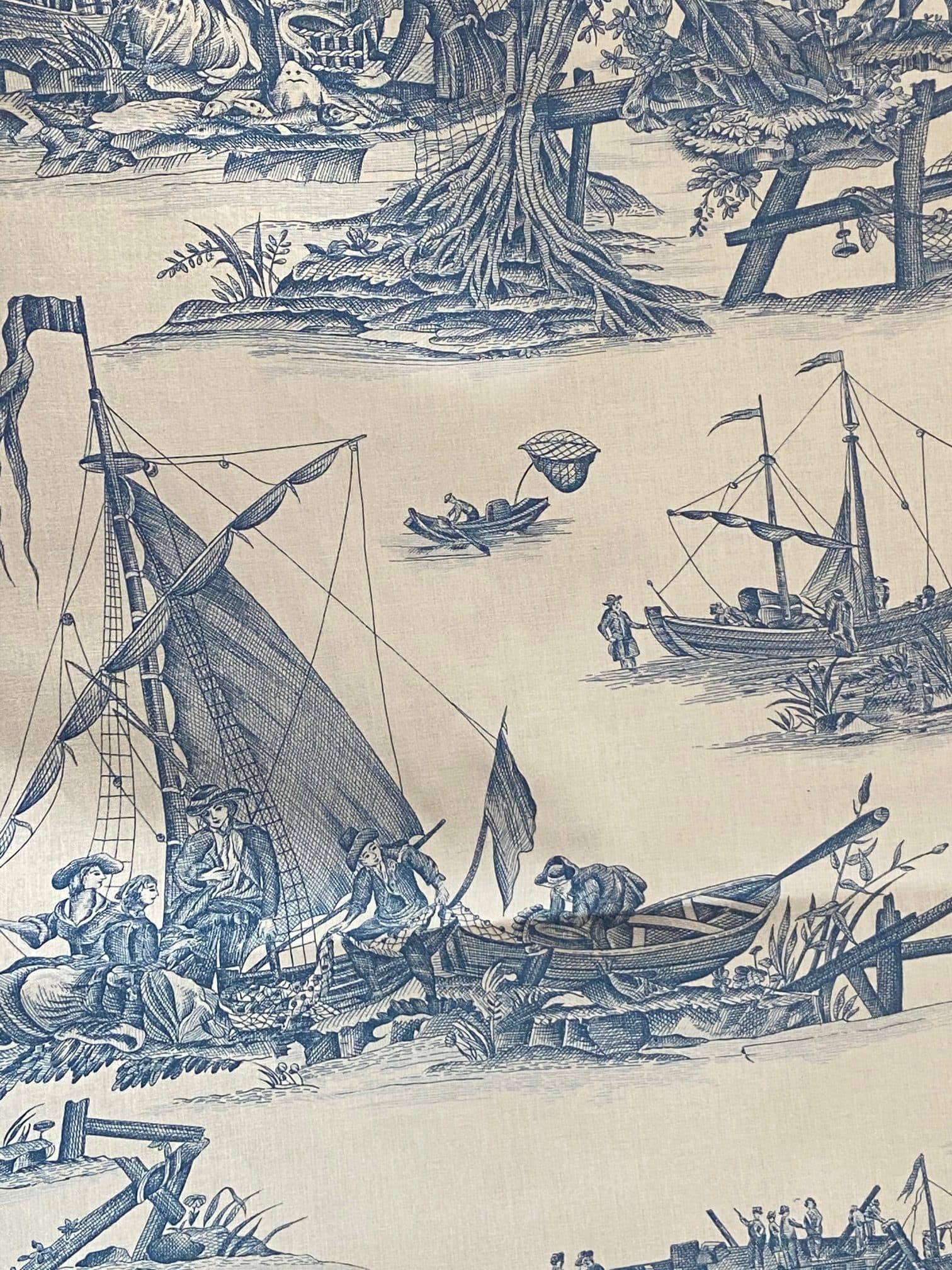 Toile de Jouy "la pèche maritime" fond bleu
