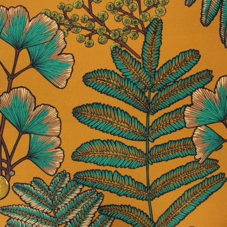 Tissu Victoria fond jaune cumin