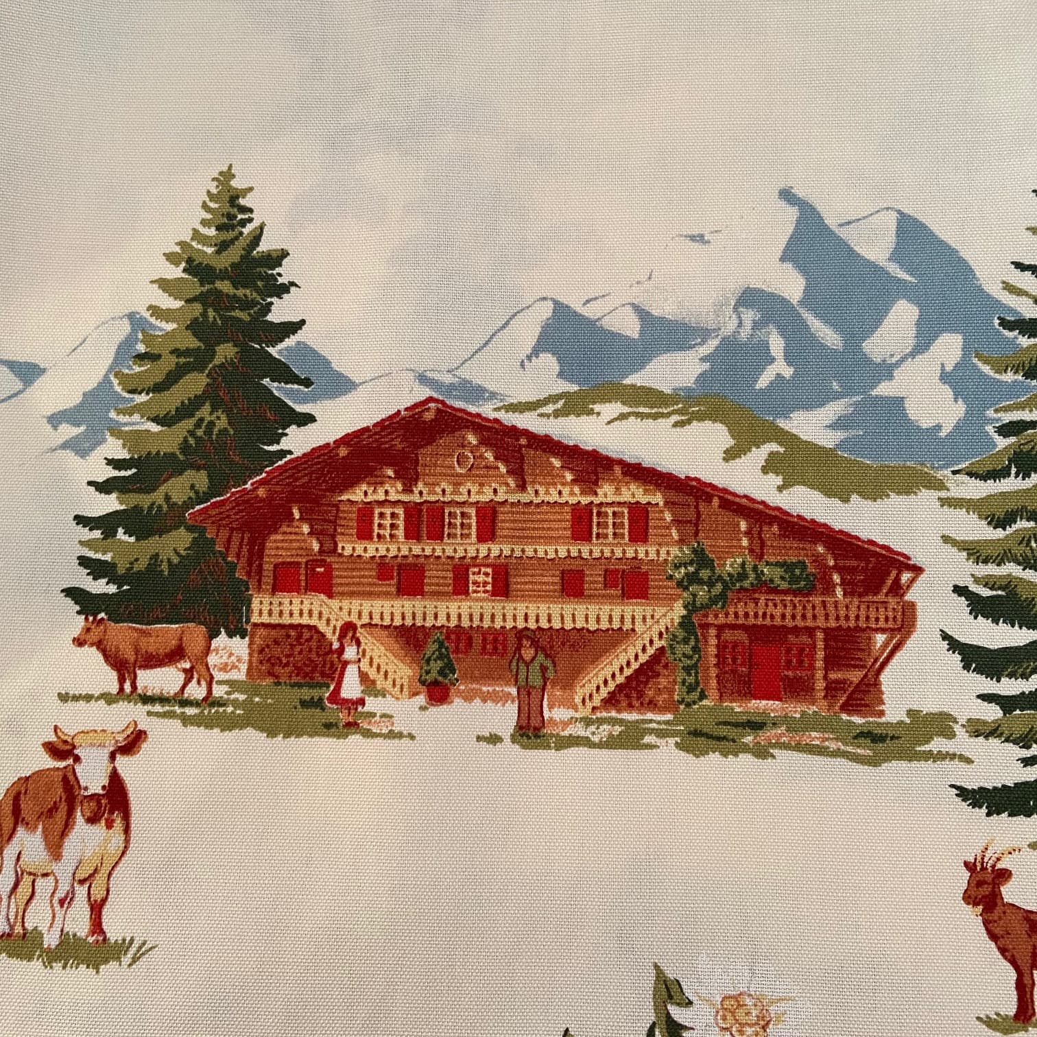 Fabric featuring mountains, a chalet and cows, view 2