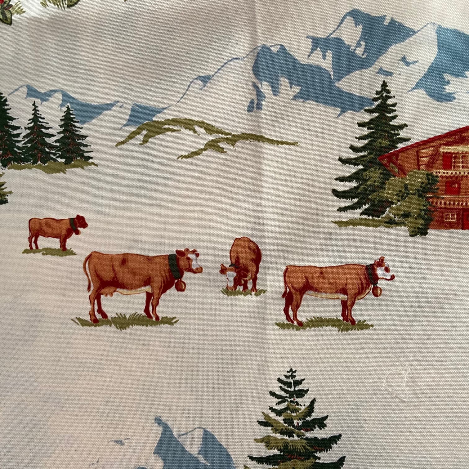 Fabric featuring mountains, a chalet and cows, view 3