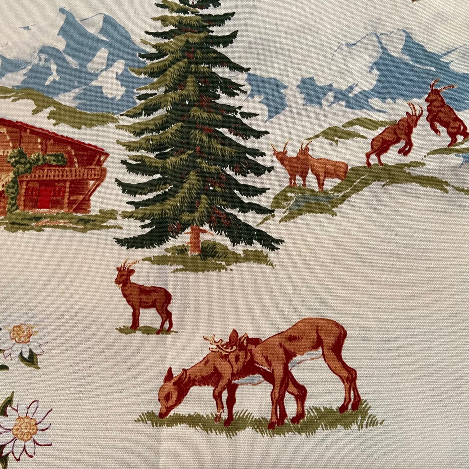 Fabric featuring mountains, a chalet and cows, view 4