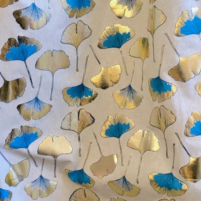 Tissu Ginkgo bleu et or