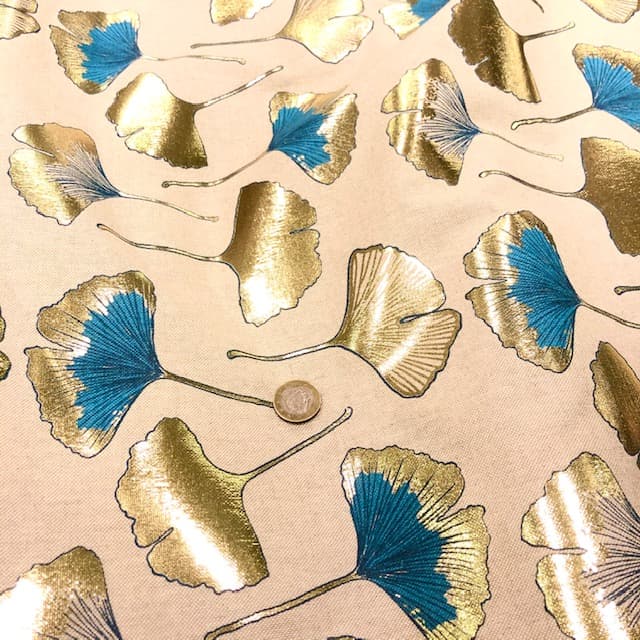 Blue and gold Ginkgo fabric, view 2
