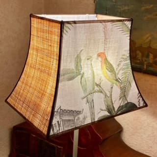 Exotic fabric featuring parrots and palm trees, view 2