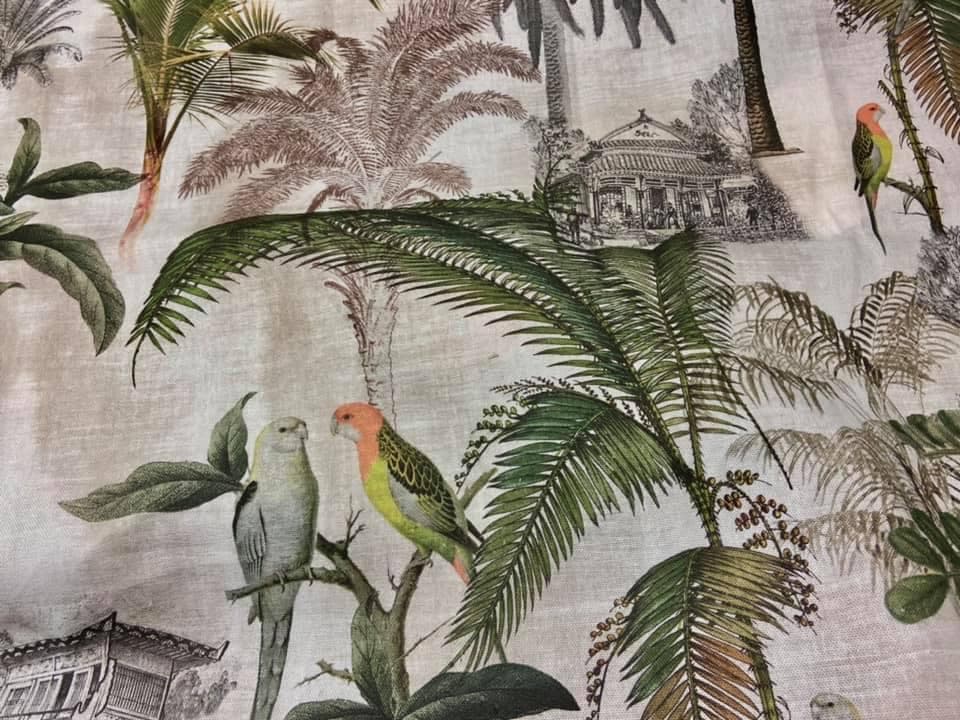 Exotic fabric featuring parrots and palm trees, view 5