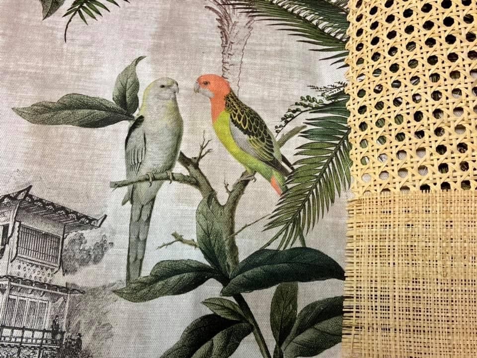 Exotic fabric featuring parrots and palm trees, view 6