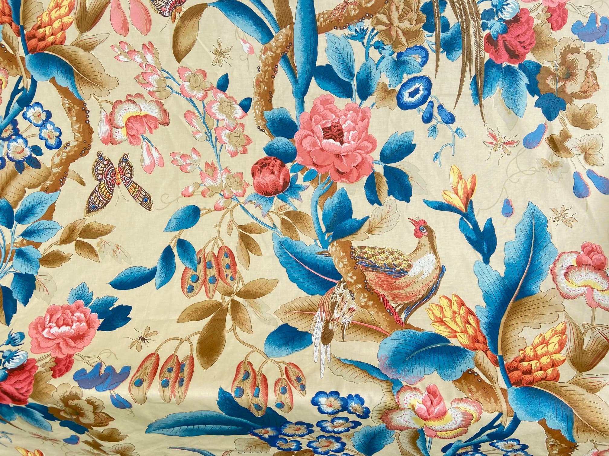 Charles Burger’s blue and pink pheasant fabric, view 2
