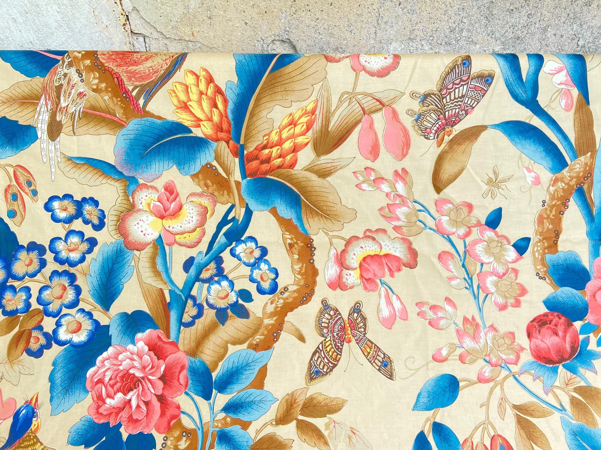 Charles Burger’s blue and pink pheasant fabric, view 3