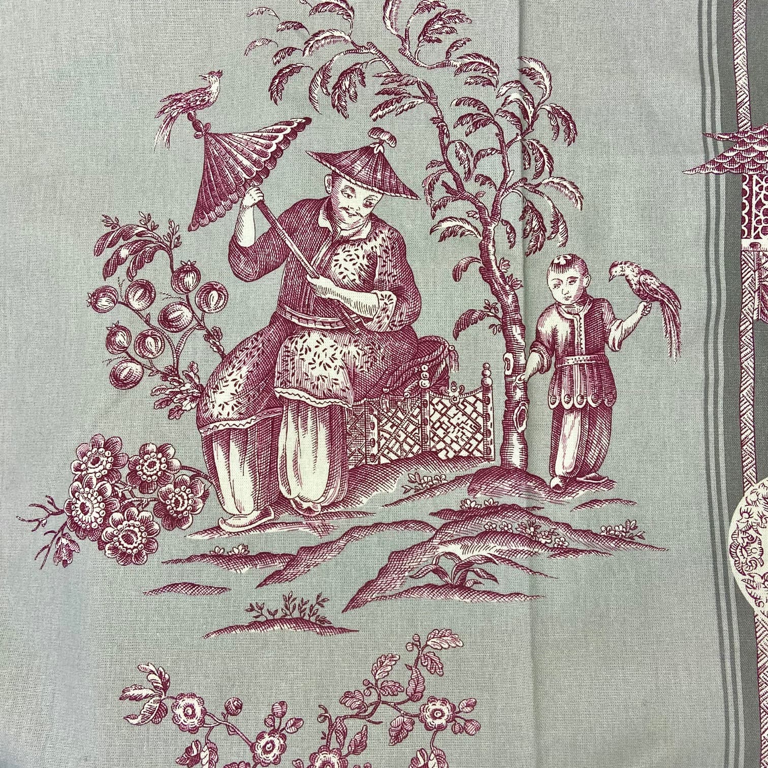 Tissu toile de Jouy chinoiseries fond gris