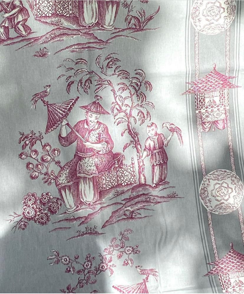 Toile de Jouy fabric with chinoiserie motifs on a grey background, view 2