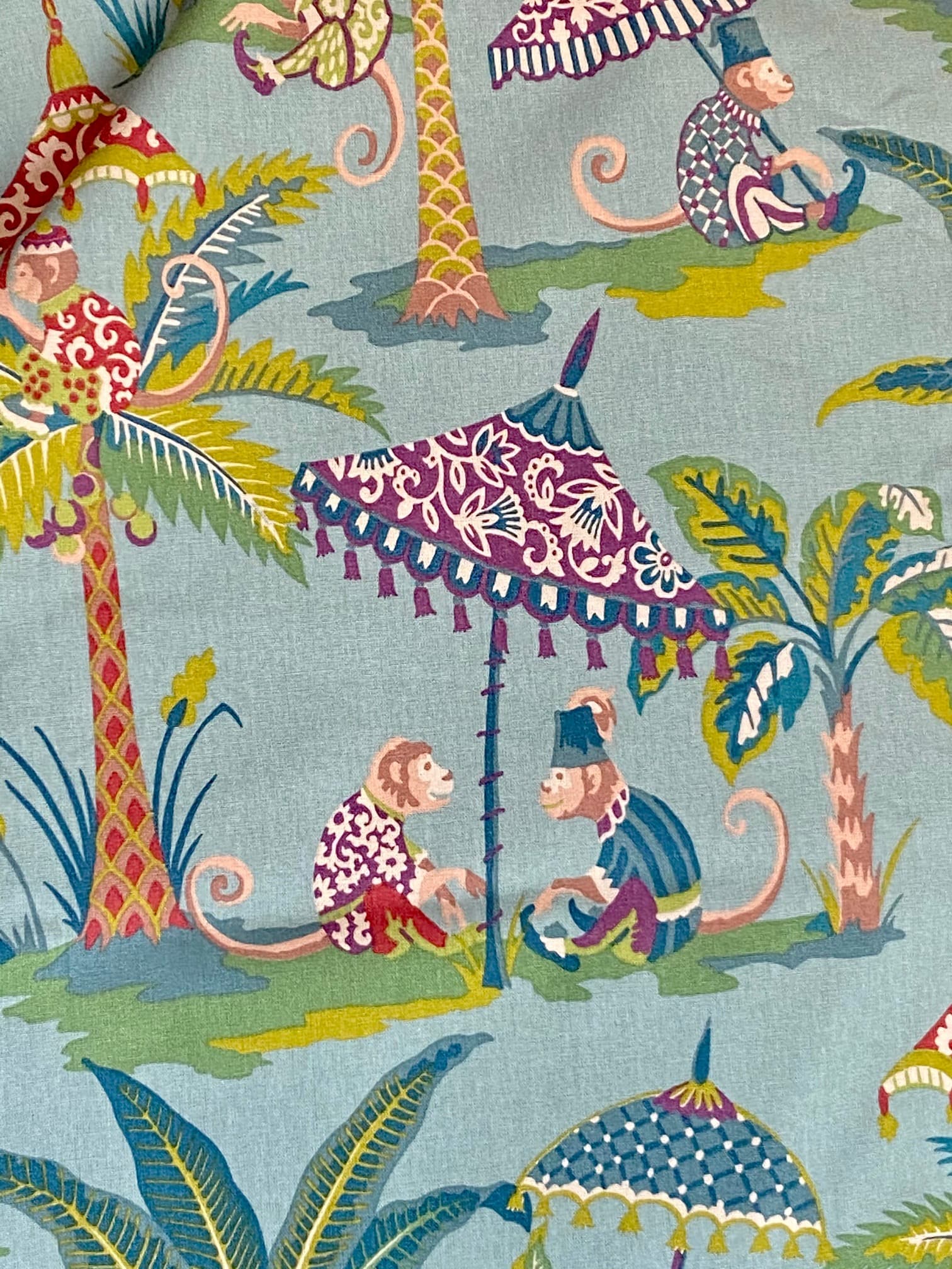 Tissu singes et parasol fond bleu