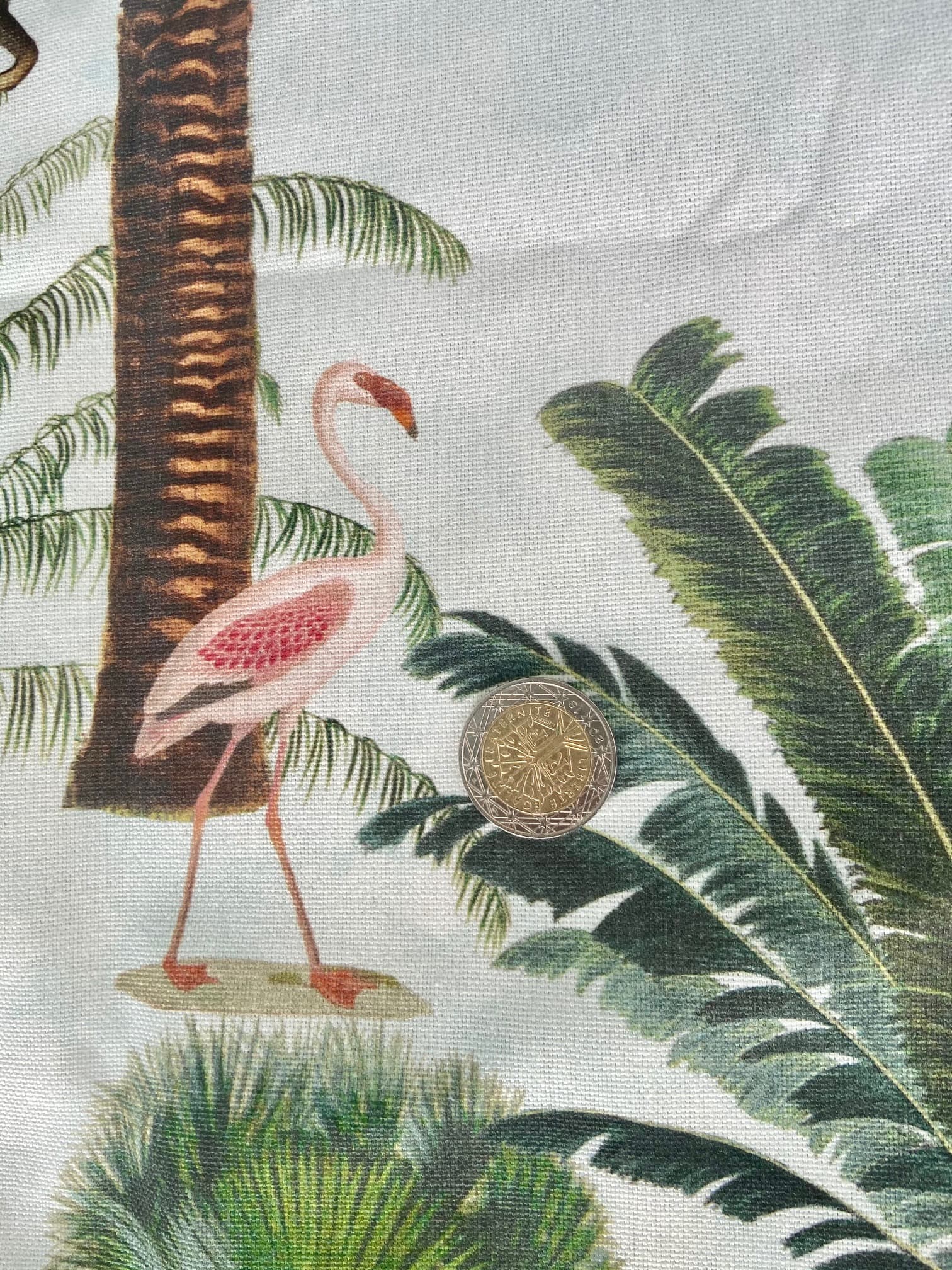 Exotic fabric featuring palm trees and animals, view 3