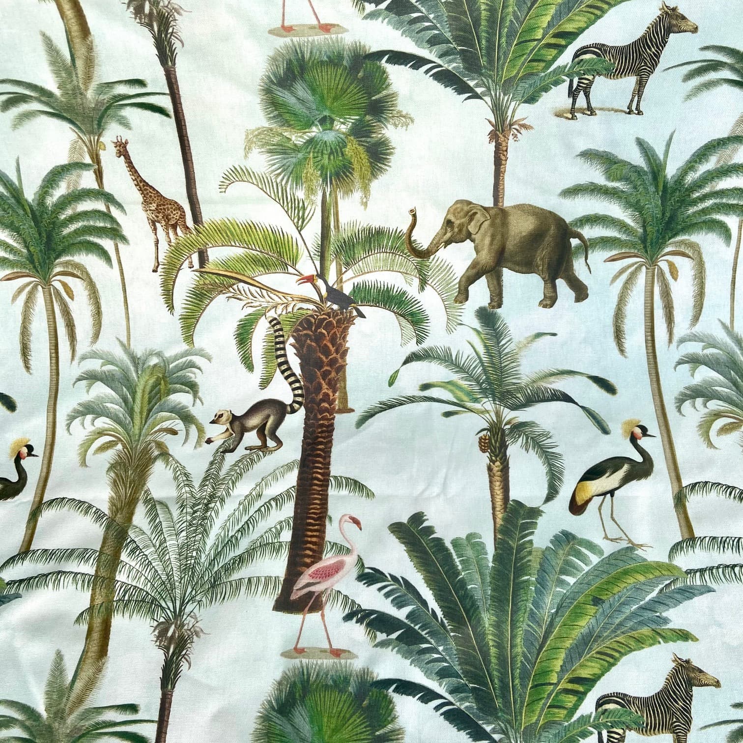 Exotic fabric featuring palm trees and animals, view 4