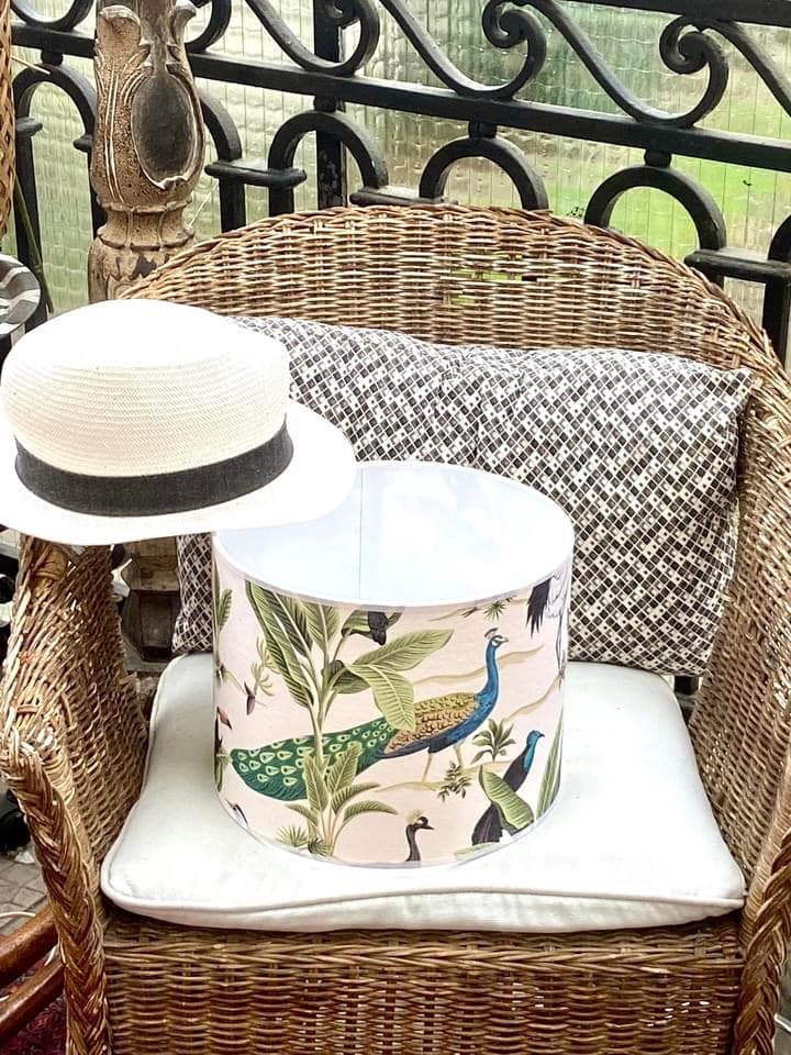 Exotic fabric featuring peacocks and palm trees, view 3