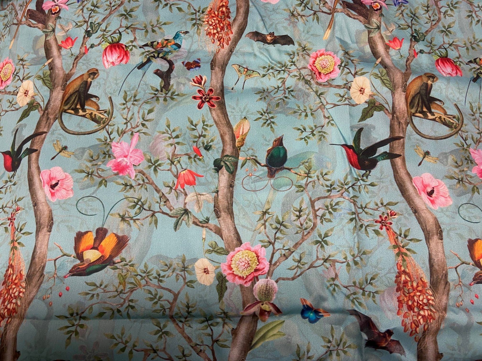 Tissu colibris singes fond bleu
