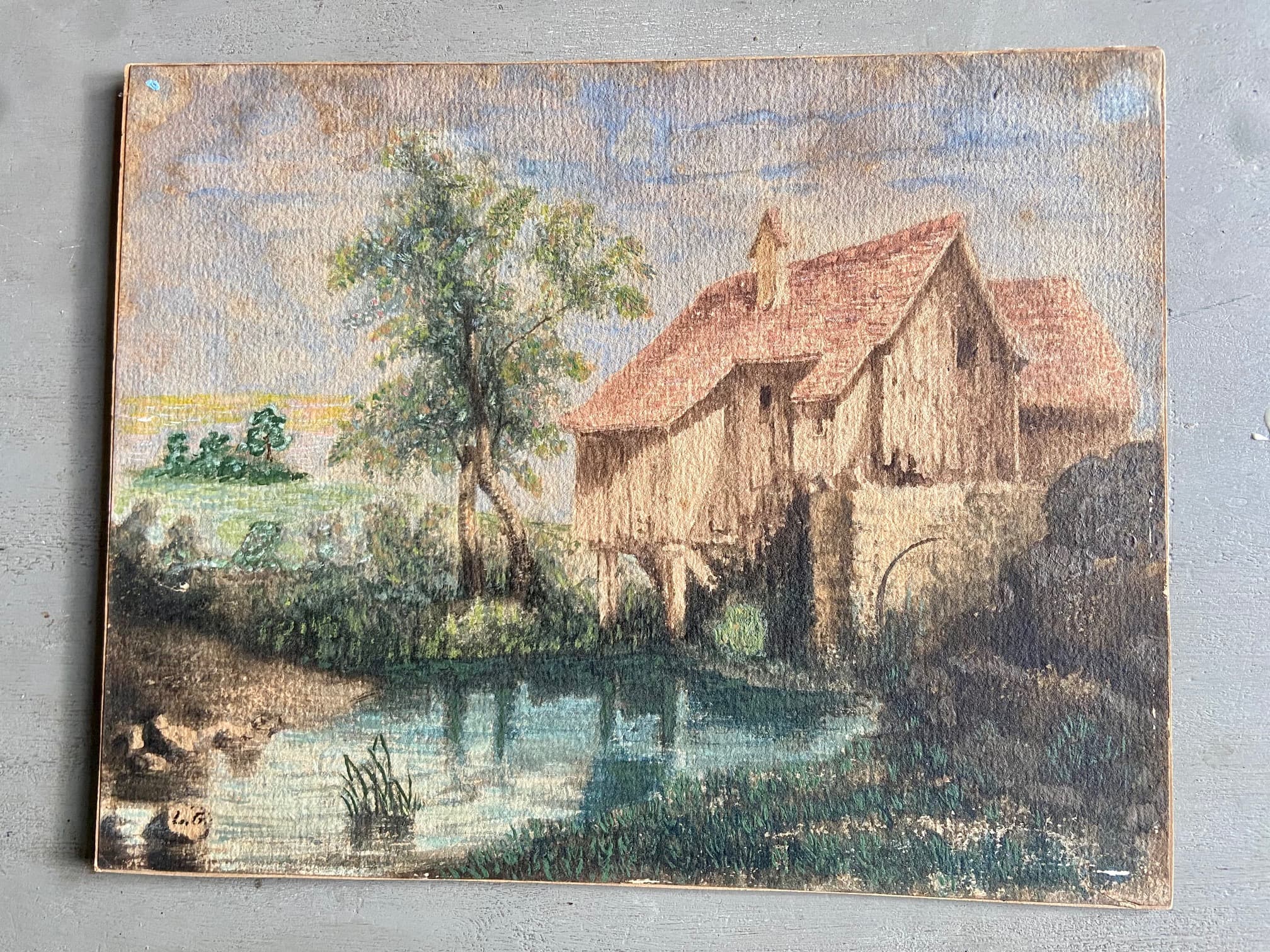 Aquarelle moulin à eau, initiales en bas à gauche