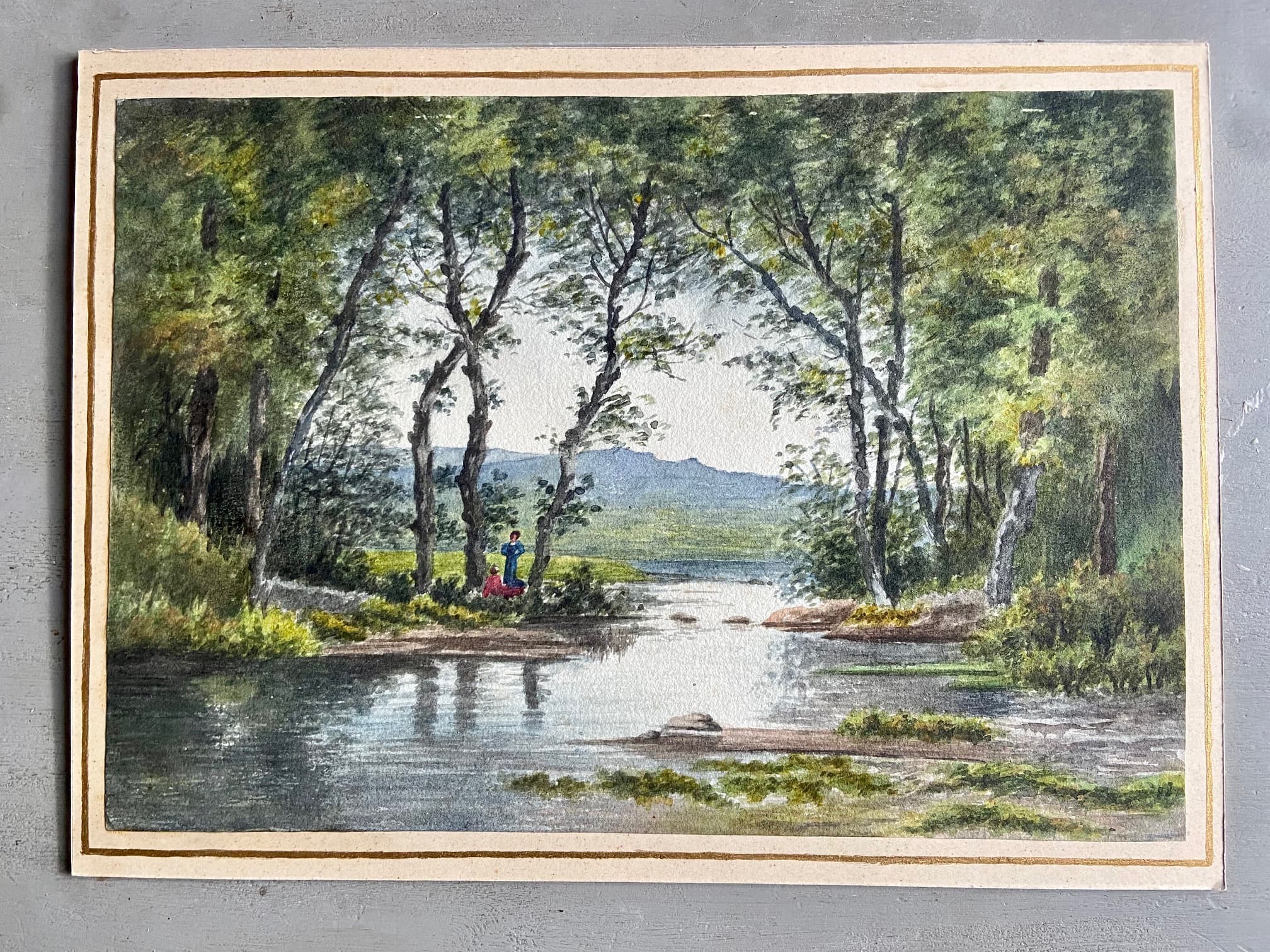 Aquarelle, personnages au bord de l'eau, pas de signature