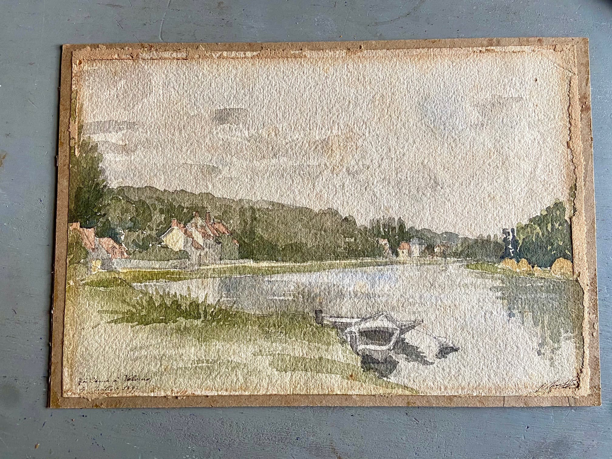 jolie aquarelle datée de 1897, la Seine à Valvins, signature en bas à droite