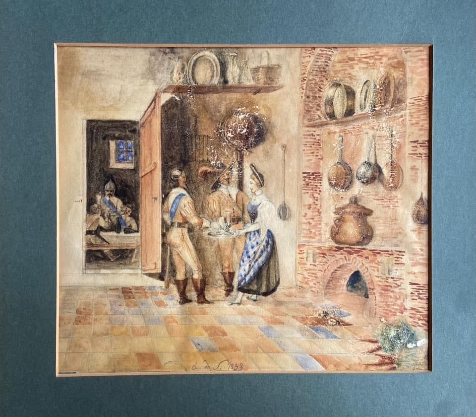 Aquarelle scène d'auberge, mousquetaires, parties abimées