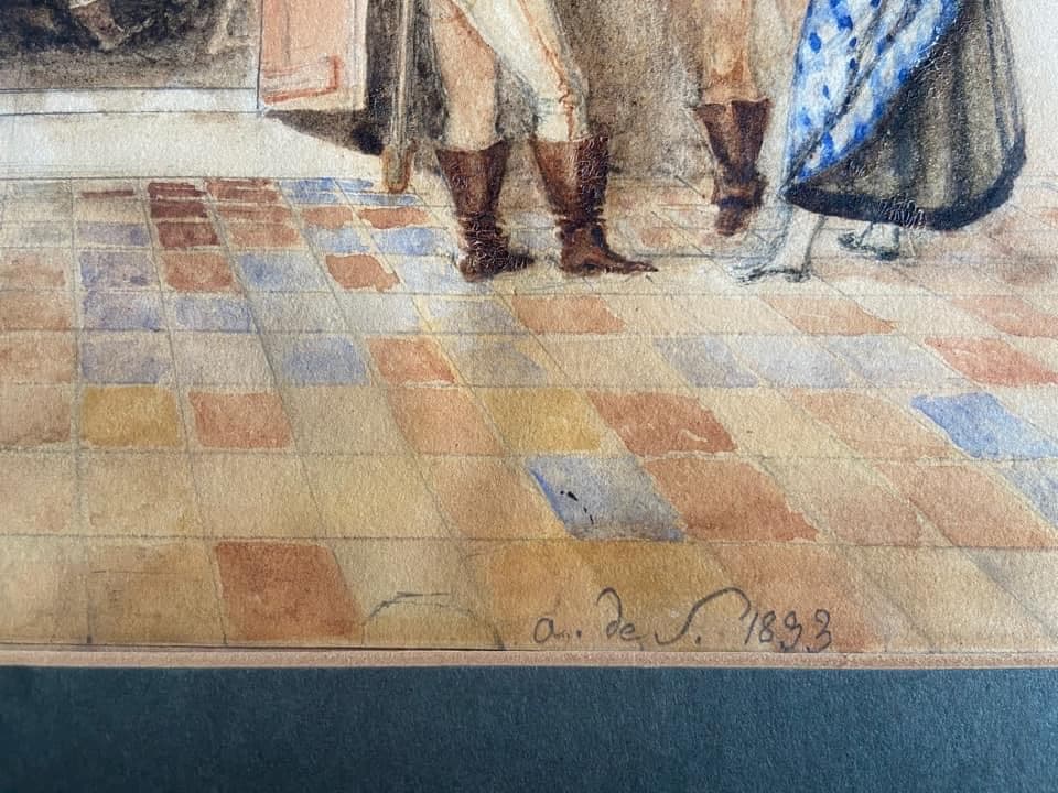 Watercolour depicting an inn scene, musketeers, damaged areas, view 2