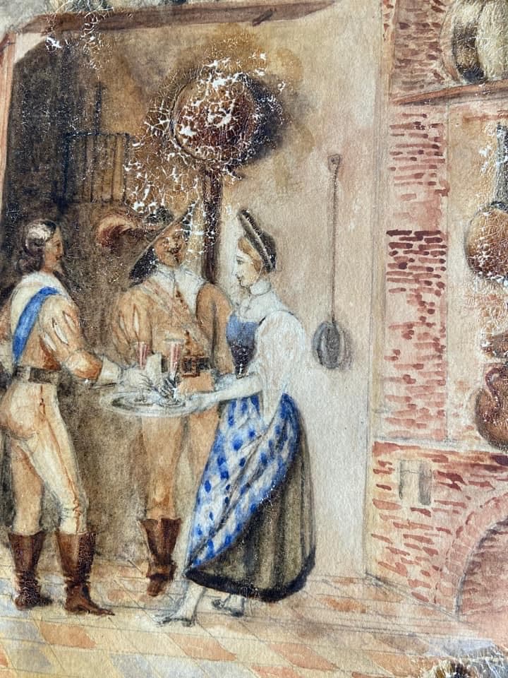 Watercolour depicting an inn scene, musketeers, damaged areas, view 3