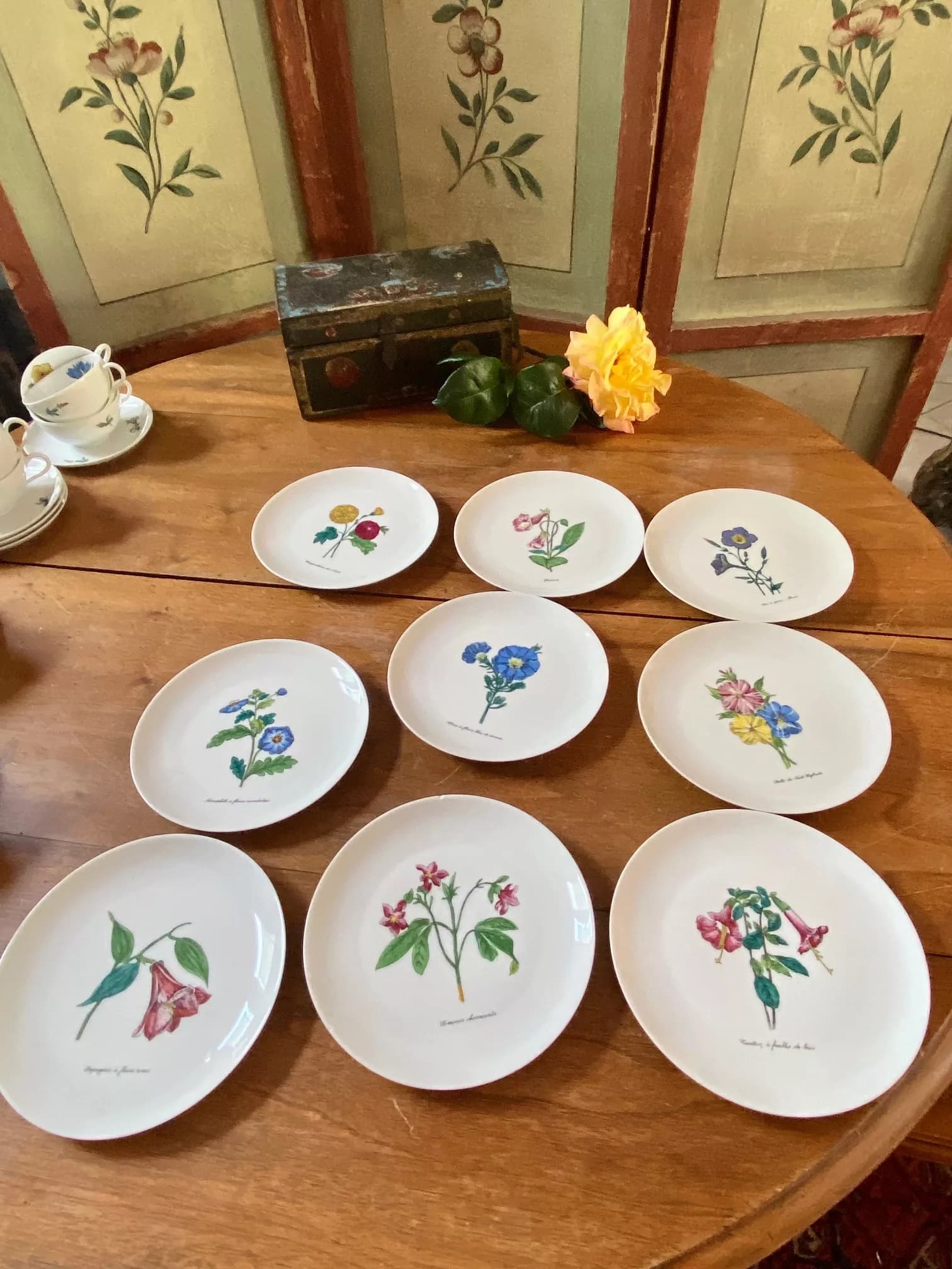 série de 9 assiettes à dessert, porcelaine de Limoges thème fleurs