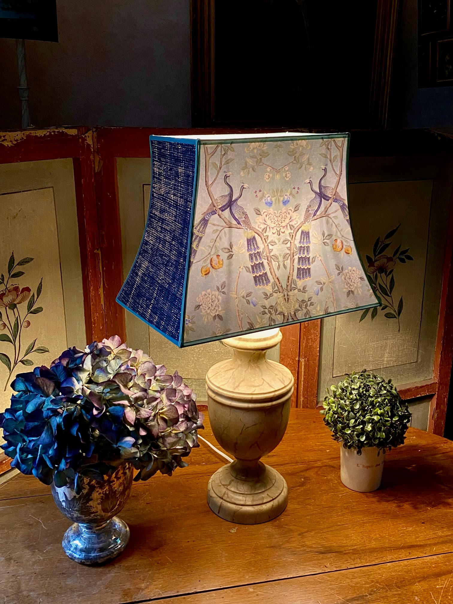 Two-tone pagoda lampshade with a Chinese-inspired peacock motif, view 2
