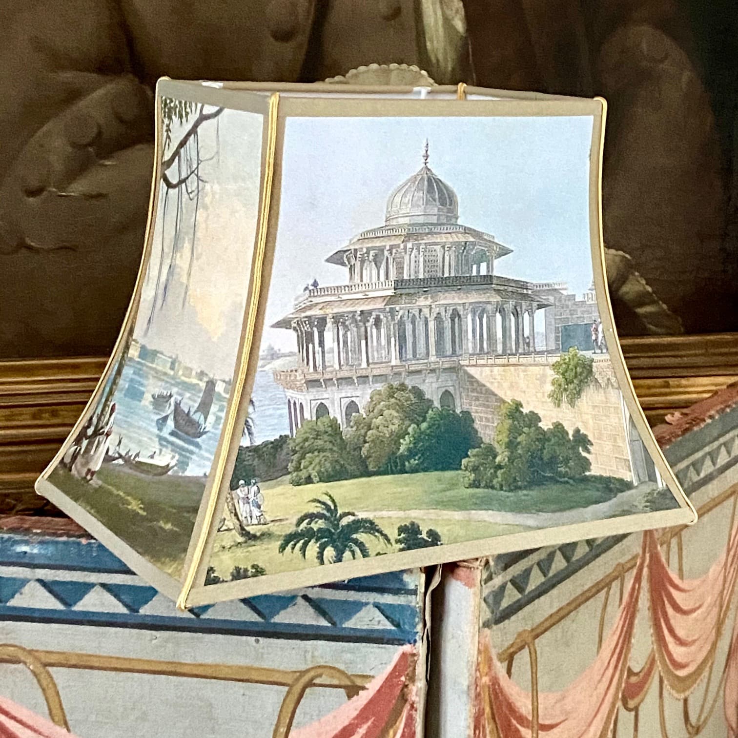 pagoda-style lampshades featuring engravings of towns or countries, view 3