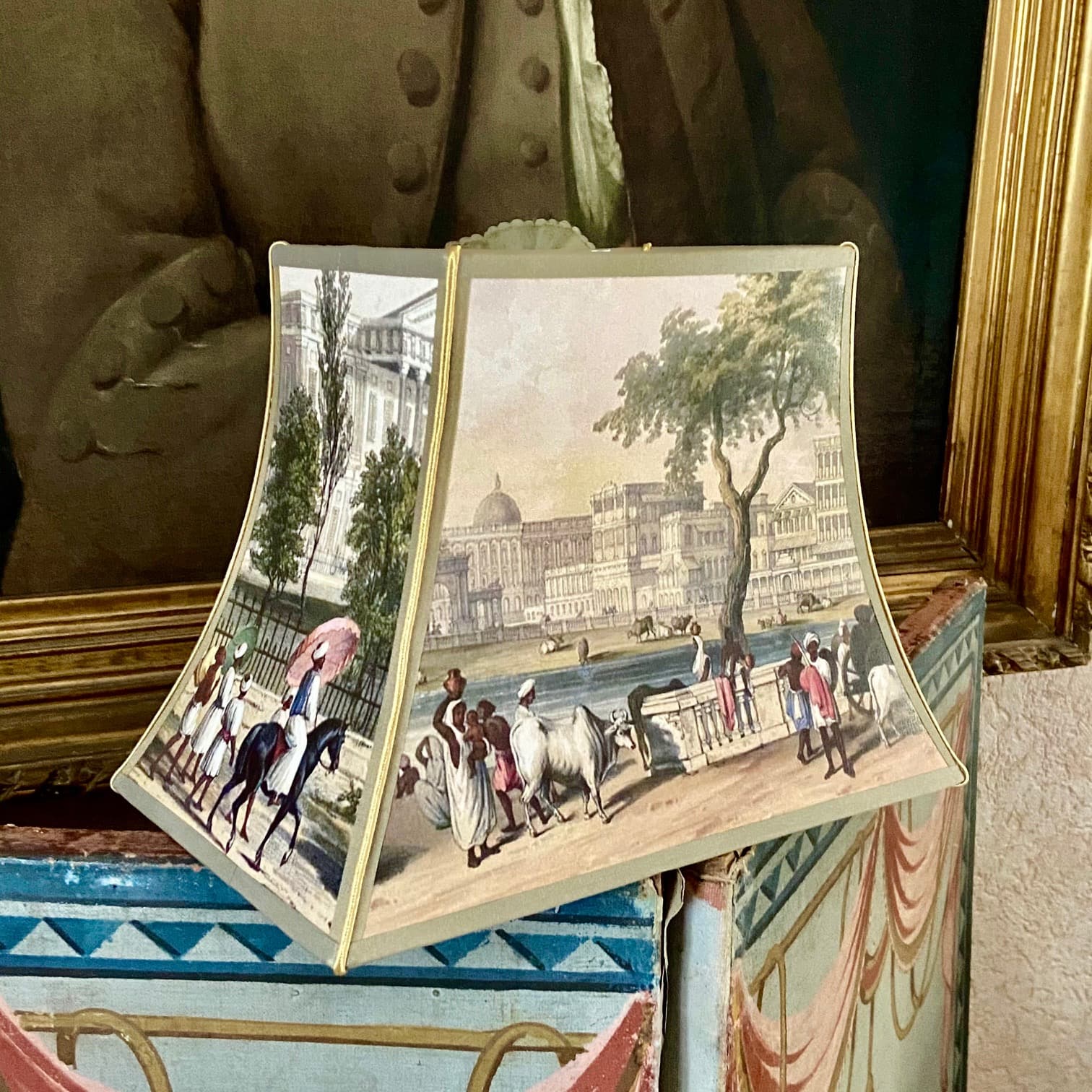 pagoda-style lampshades featuring engravings of towns or countries, view 4
