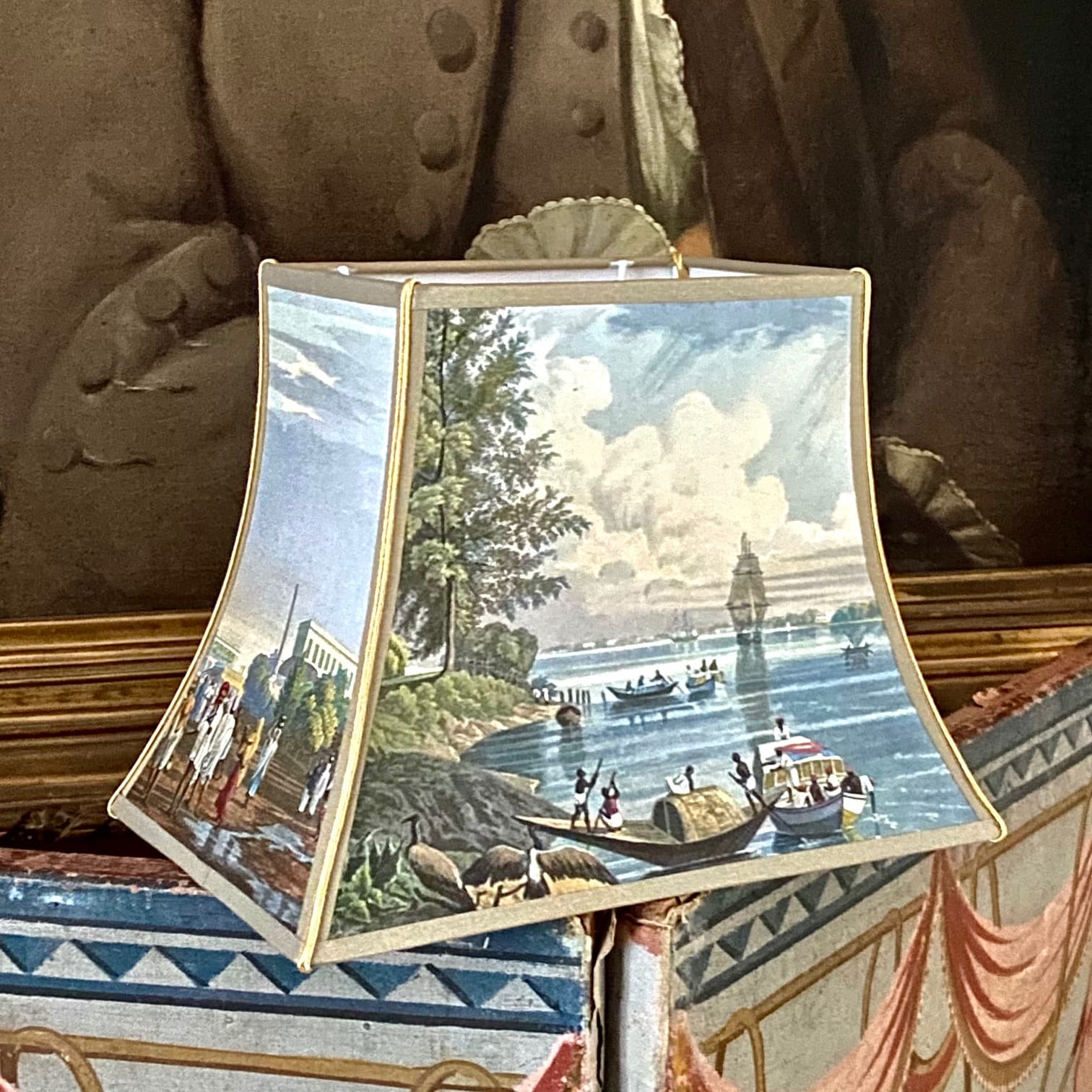 pagoda-style lampshades featuring engravings of towns or countries, view 5