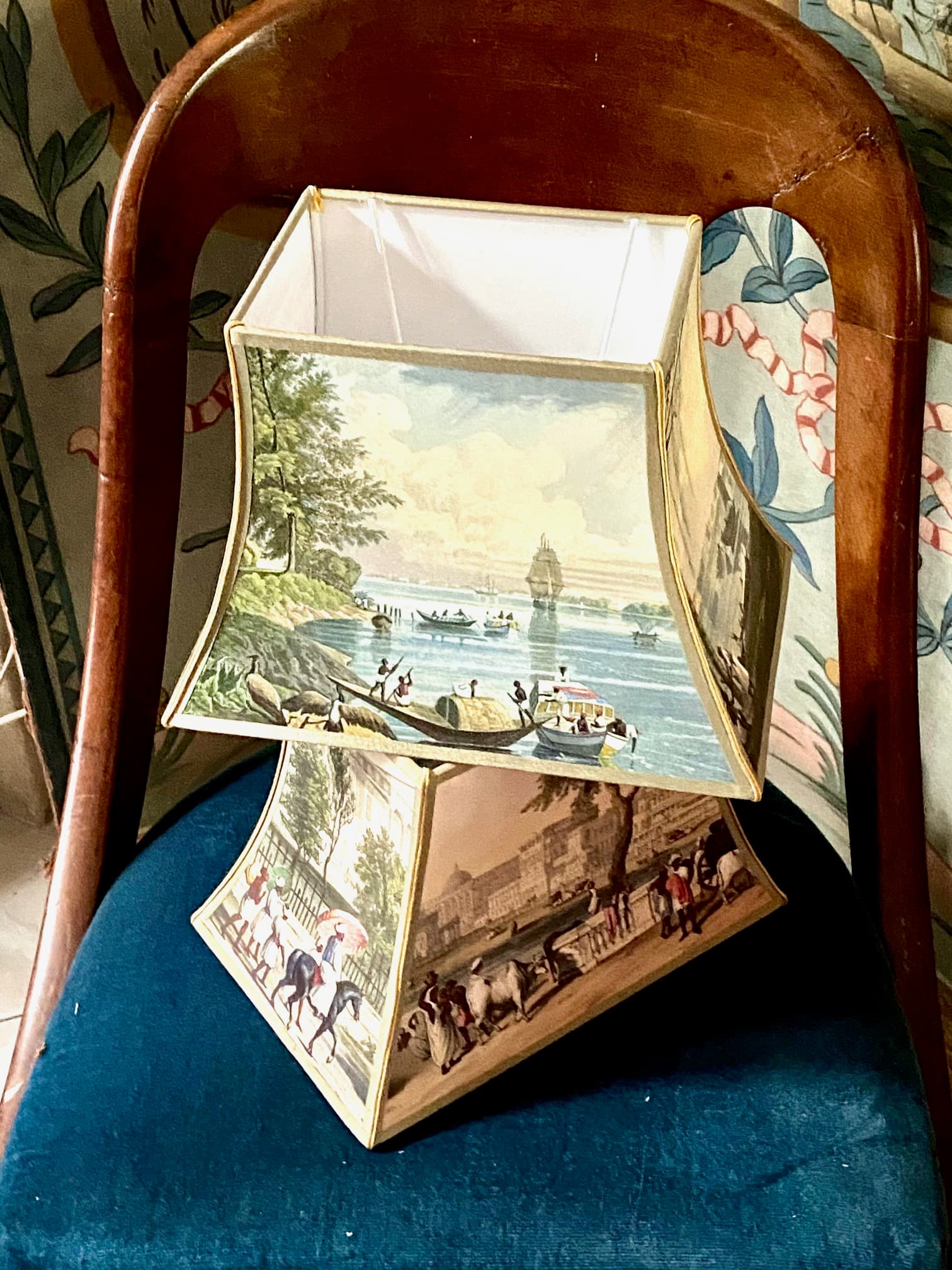 pagoda-style lampshades featuring engravings of towns or countries, view 6