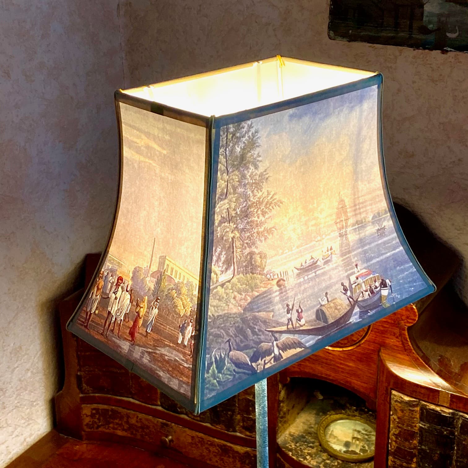 pagoda-style lampshades featuring engravings of towns or countries, view 8