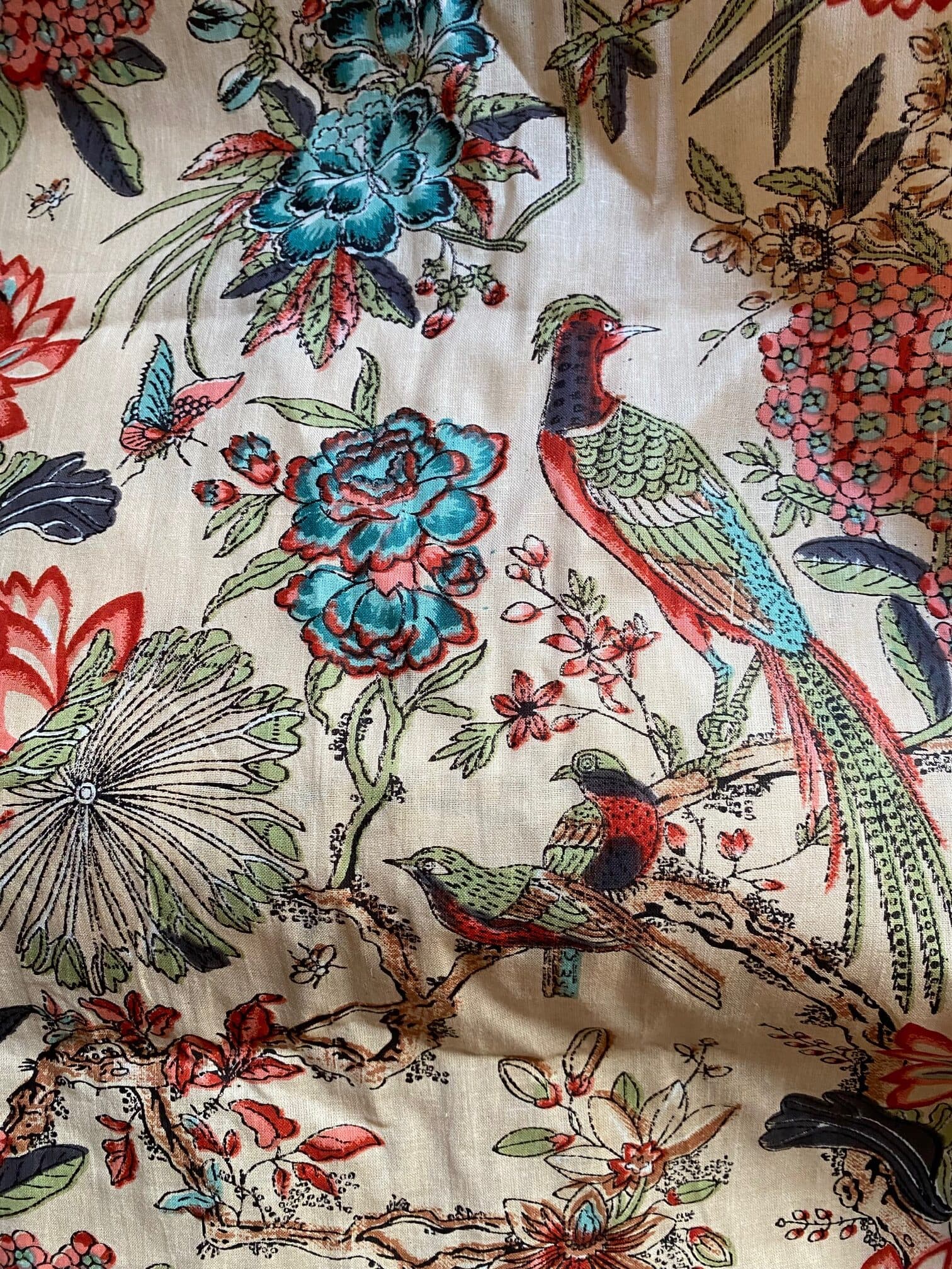 Indian fabric featuring colourful exotic birds, view 2