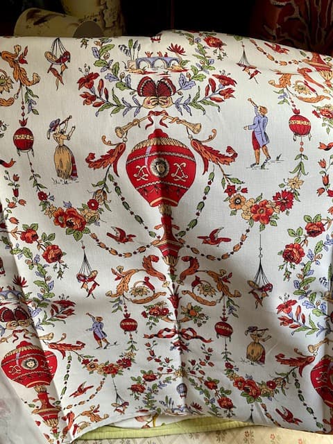 Toile de Jouy hot-air balloon design in orange-red, view 2