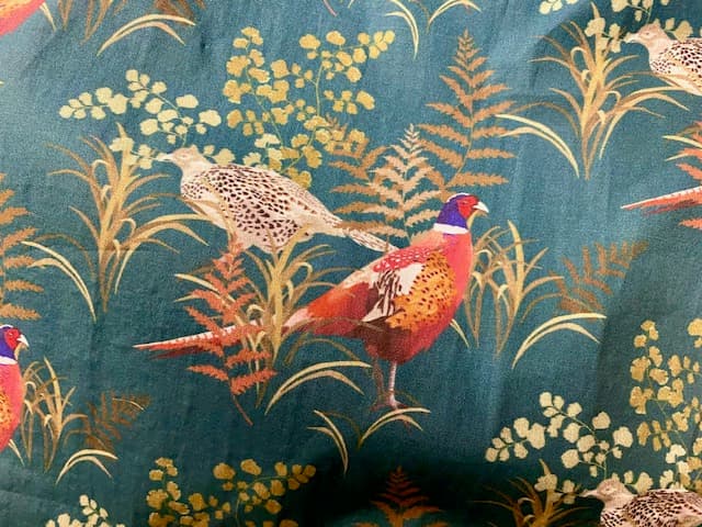 Fabric featuring pheasants on a duck-blue background, view 3