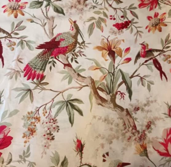 Multicoloured red and green bird-patterned Indian fabric, view 2