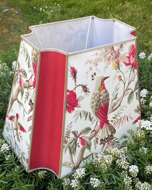 Multicoloured red and green bird-patterned Indian fabric, view 3