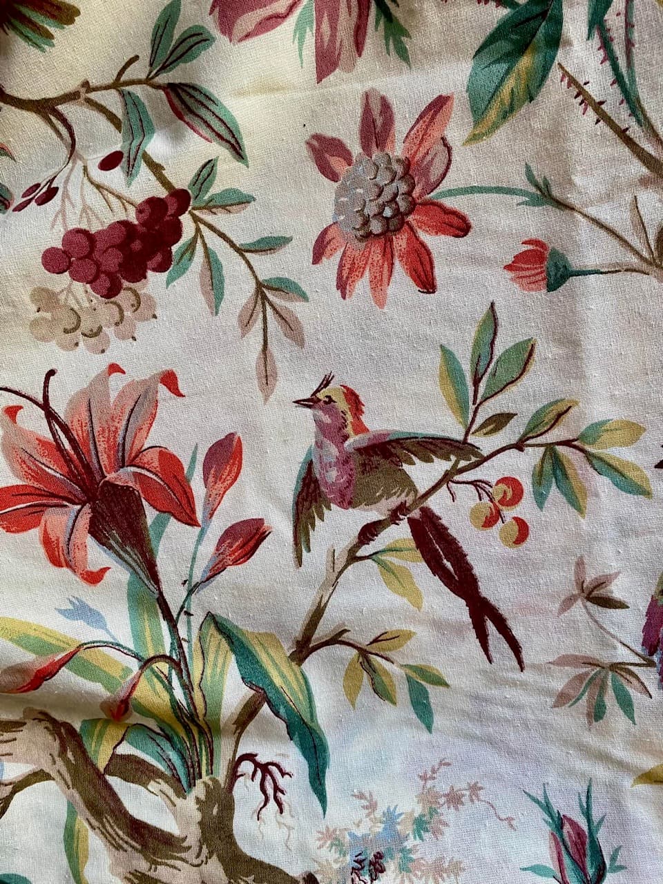 Multicoloured bird-patterned Indian fabric in green and plum, view 4