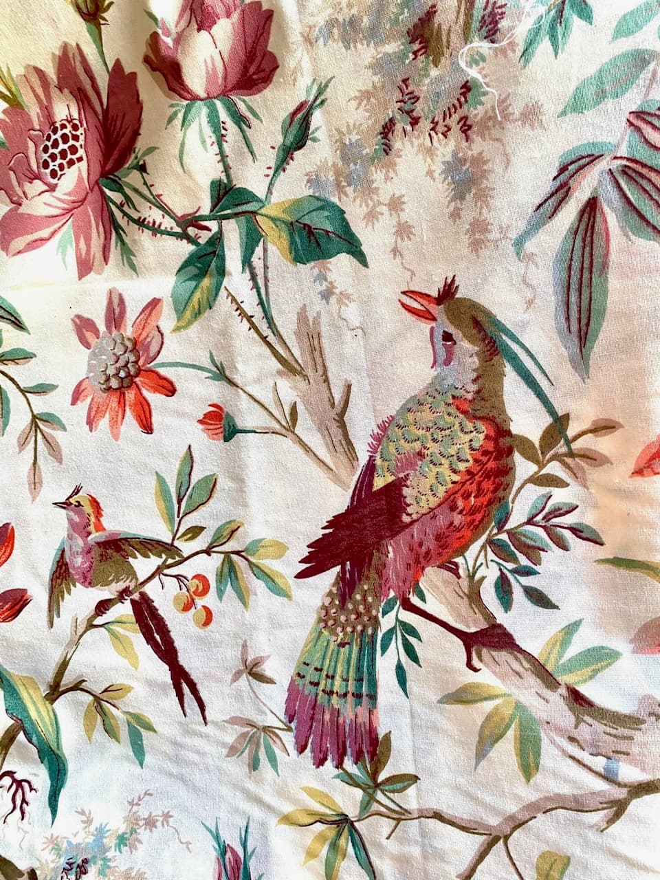 Multicoloured bird-patterned Indian fabric in green and plum, view 5